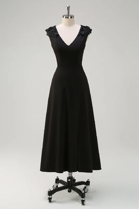 Mini Dresses for Youthful Look -Black A-Line  V-Neck Long Bridesmaid Dress with Applique Sequins