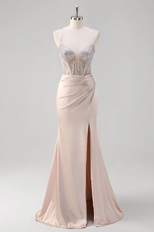 High-waisted Dresses for Flatter -Blush Spaghetti Straps Mermaid Corset Beaded Long Prom Dress