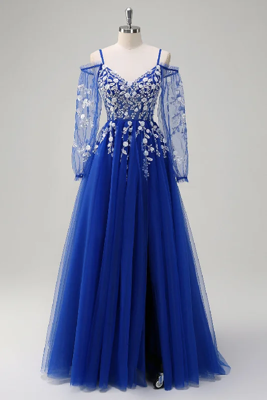 High-waisted Dresses for Flatter -Royal Blue A-Line Cold Shoulder Sequin Applique Long Prom Dress with Tulle Slit