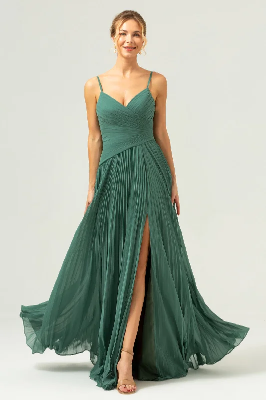 Midi Dresses for Versatile Wear -A-Line Spaghetti Straps Pleated Chiffon Eucalyptus Bridesmaid Dress with Slit