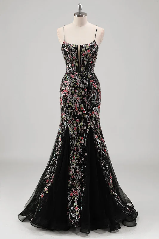 Belted Dresses for Shaping -Black Floral Beaded Mermaid Spaghetti Straps Tulle Prom Dress