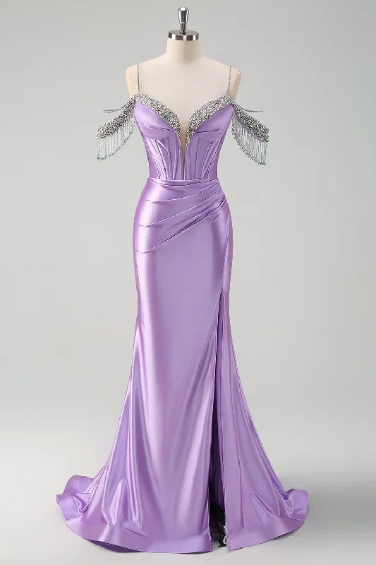 Evening Dresses for Formal Events -Sparkly Lilac Mermaid Cold Shoulder Tassels Satin Beaded Long Prom Dress with Slit