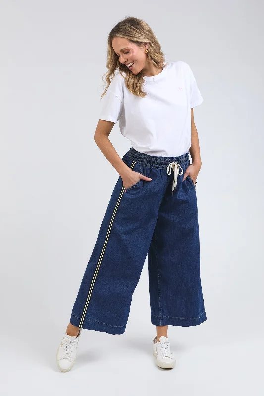 Urban tight trousers for men with street-style influence and sharp tailoring -Elm Greta Wide Leg Pant with Side Tape Dark Blue Wash