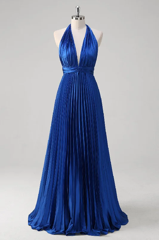 Capri Dresses for Playful -Royal Blue A Line Halter Pleated Long Prom Dress