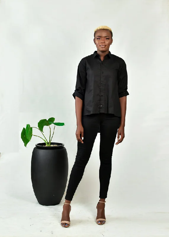 Petite Blouses for Small -AIMAS Borad Black Cotton Shirt with Embellished Detail