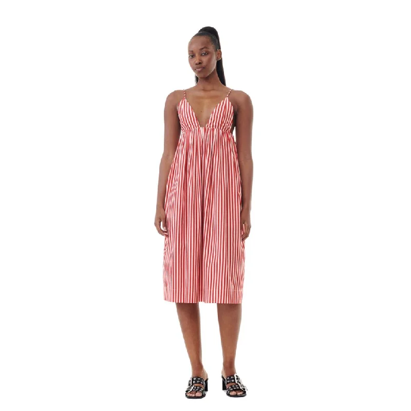 Indian Dresses with Intricacy -Stripe Cotton Strap Midi Dress (Barbados Cherry)