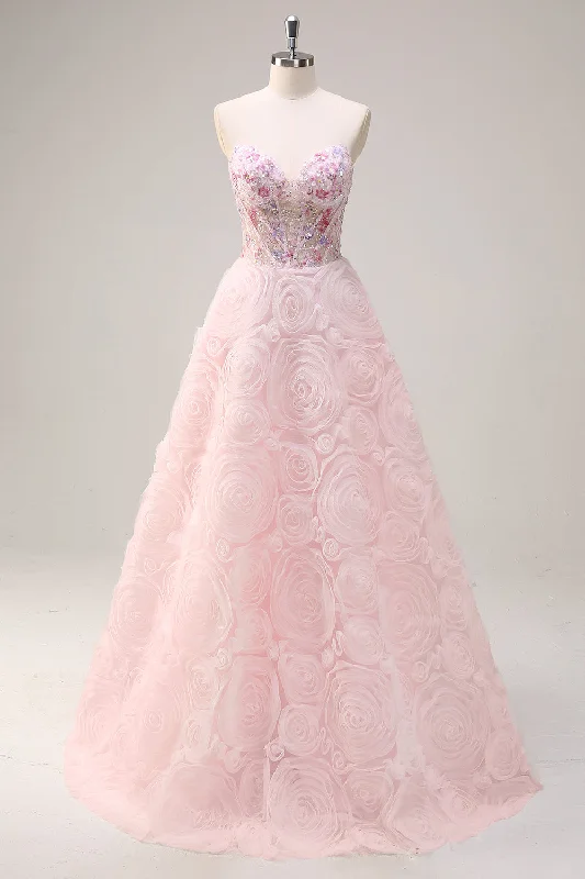 Geometric Dresses for Modern -Sparkly Pink Princess Strapless Floral Corset Long Prom Dress With Sequins