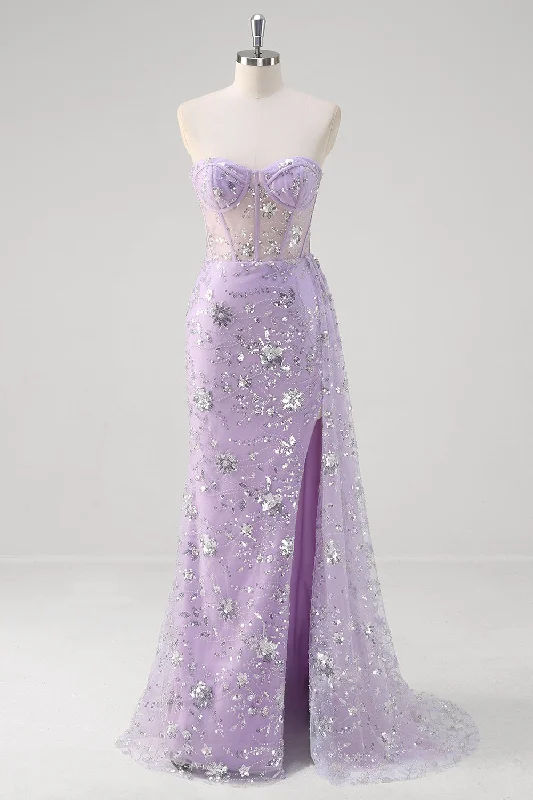 Red Dresses for Statement -Light Purple Mermaid Strapless Corset Sequin Prom Dress With Slit