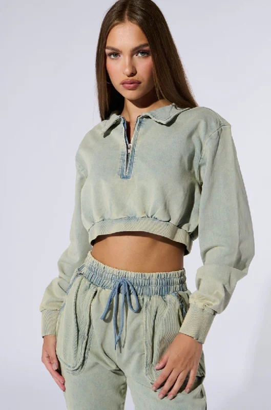 Party Blouses for Night Out -SOCIAL STATUS PULLOVER DENIM SWEATSHIRT