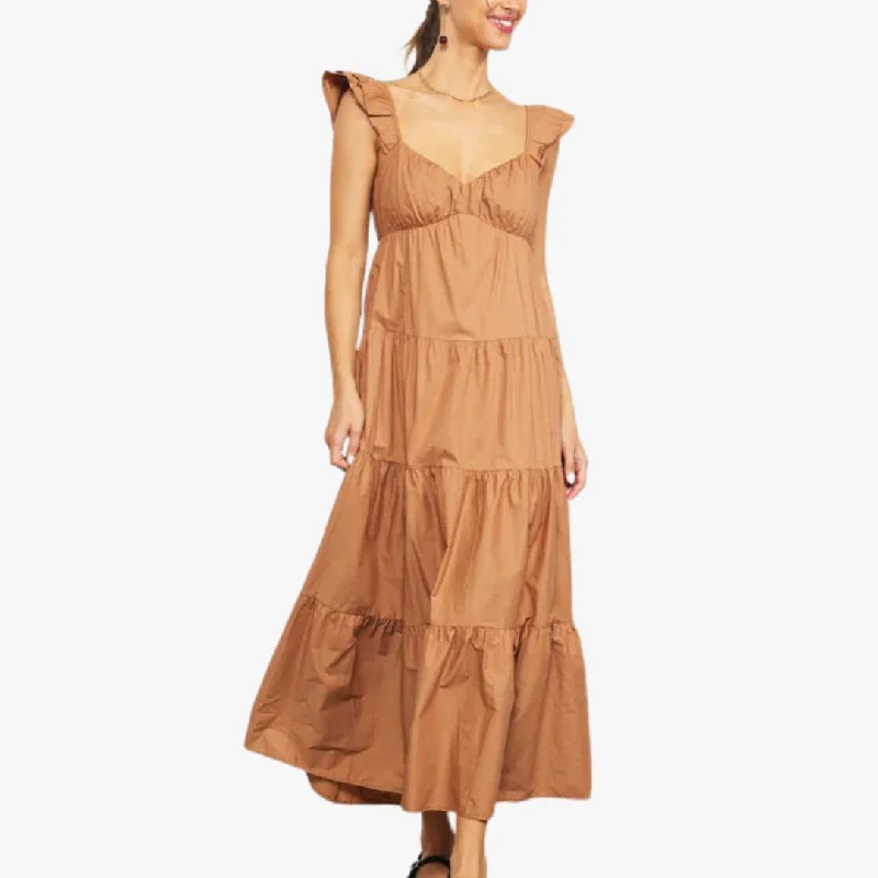 Yellow Dresses for Bright -Poplin Ruffle Sleeve Maxi Dress (Tuscan Tan)