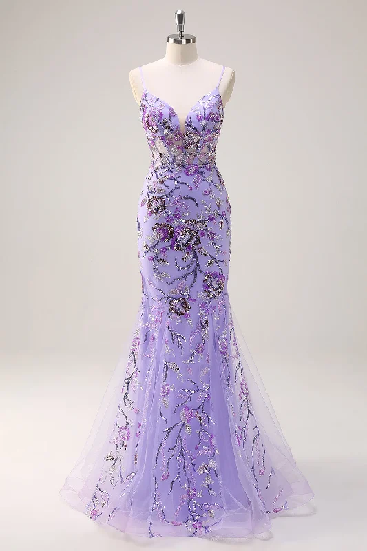 Abstract Dresses for Creative -Sparkly Purple Mermaid Spaghetti Straps Corset Long Sequin Prom Dress