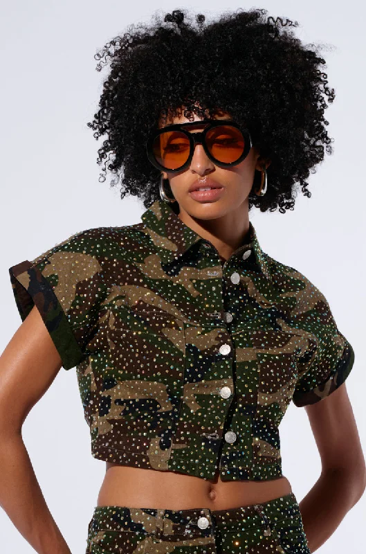 Wedding Blouses for Bridal -NO MERCY BUTTON DOWN CAMO CROPPED SHIRT