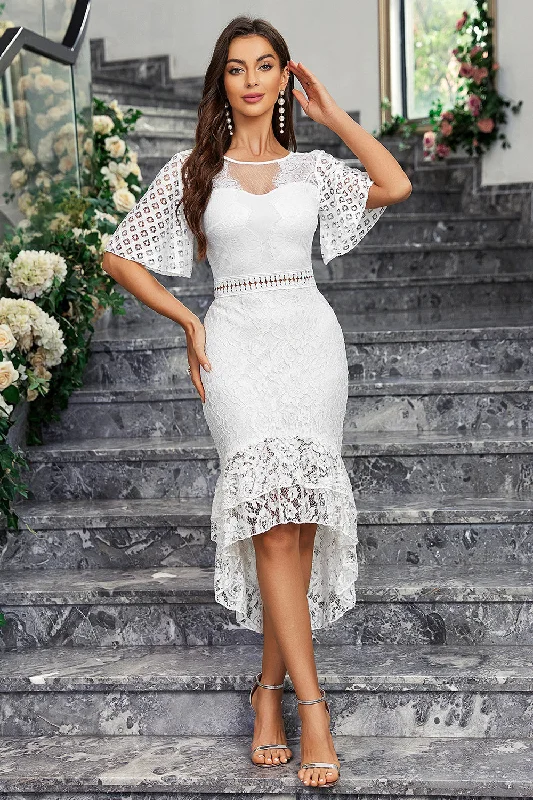 Brown Dresses for Earthy -White Mermaid Lace Short Sleeves Ruffle High-Low Dress