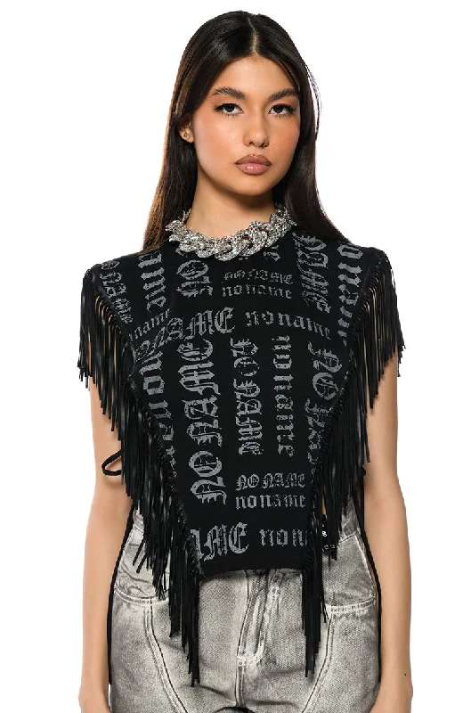 Heavy Duty Blouses for Durable -BROOKLYN GRAPHIC PRINTED FRINGE TRIM TSHIRT