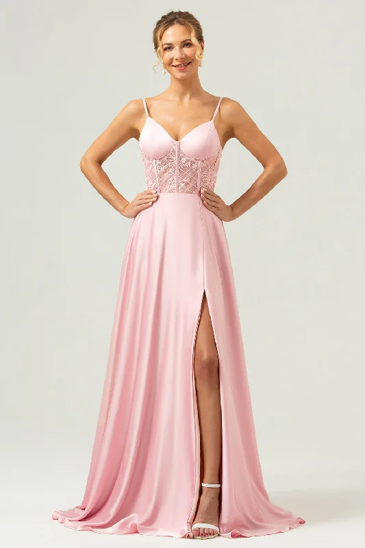 Halter Dresses for Chic Style -Pink A-Line Spaghetti Straps Satin Corset Long Bridesmaid Dress with Slit