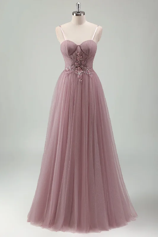 Pink Dresses for Feminine -Sparkly Grey Purple A Line Sequins Corset Long Prom Dress