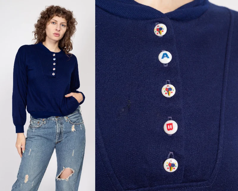 Hypoallergenic Blouses for Sensitive -Medium 80s Navy Blue Novelty Button Henley Sweatshirt