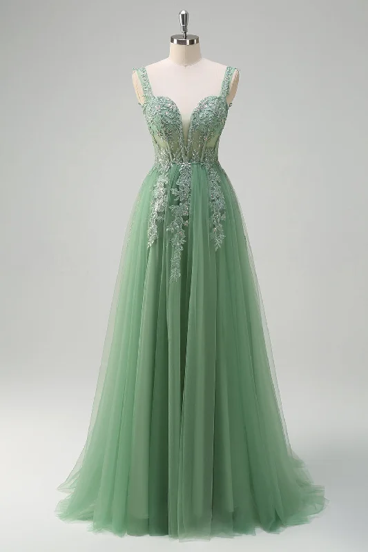 High-waisted Dresses for Flatter -Green A-Line Spaghetti Straps Tulle Long Prom Dress with Appliques