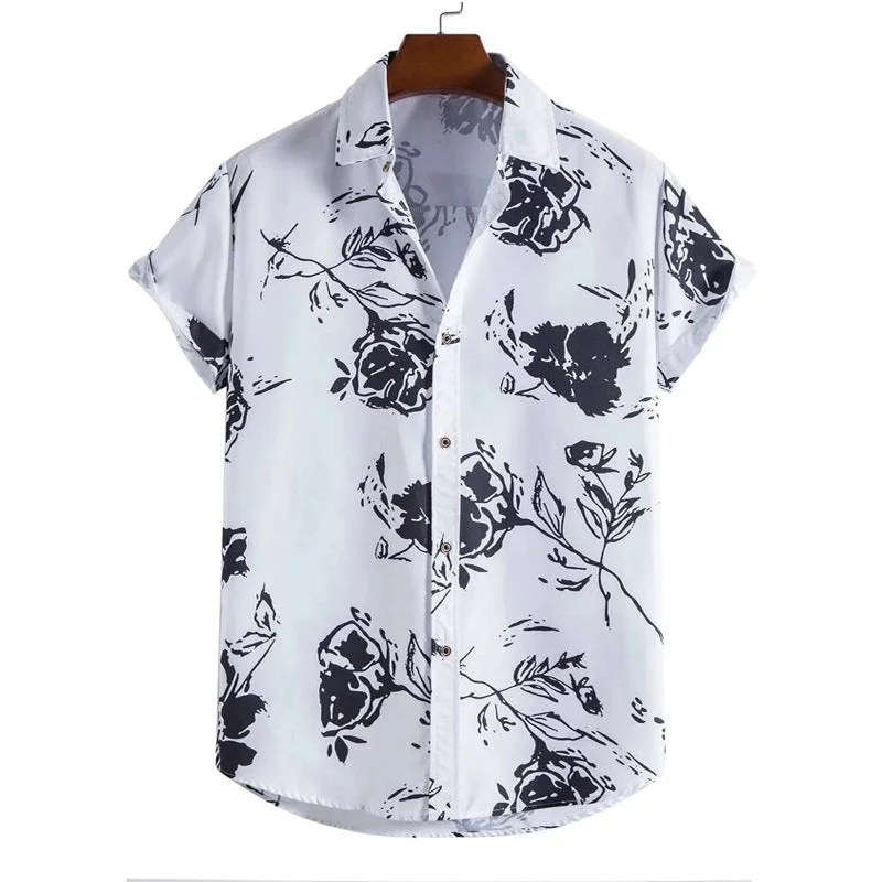 Short Sleeve Blouses for Summer -Monochrome Rose Lapel Shirt