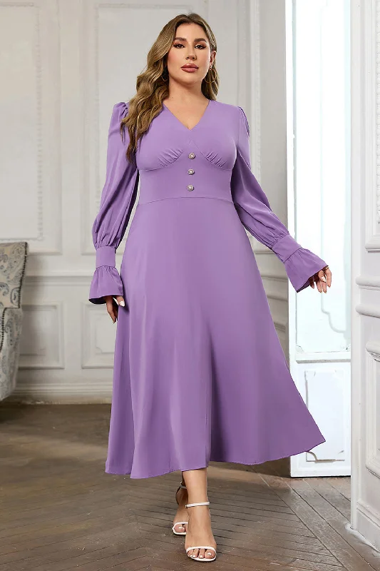 Long-sleeved Dresses for Coverage -Violet V Neck Long Sleeve Plain Midi Bodycon Prom Dress