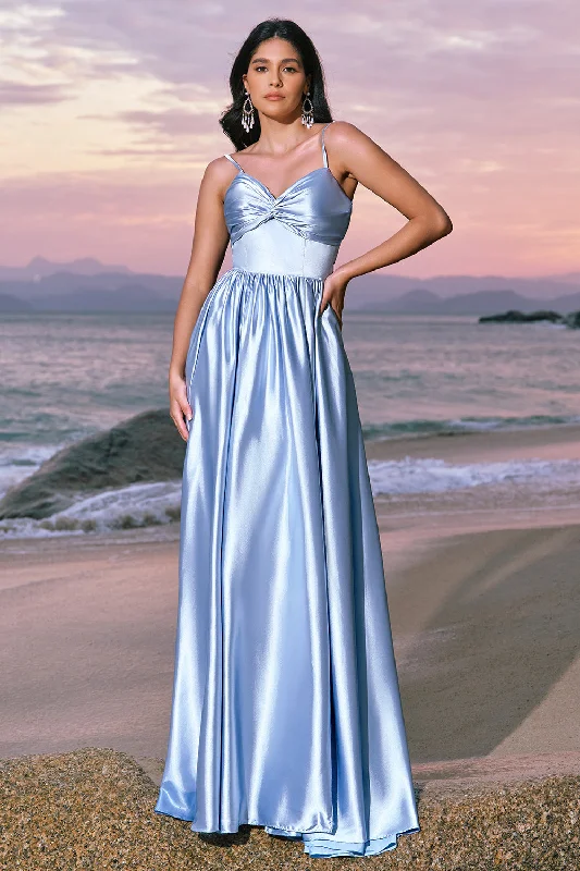 Sequined Dresses for Sparkle -Sky Blue A-Line Spaghetti Straps Ruched Split Long Bridesmaid Dress with Lace Up Back