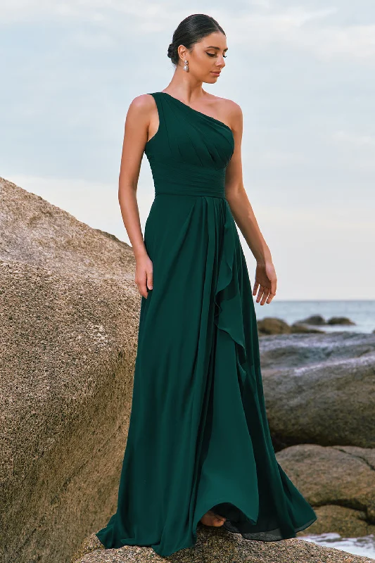 Sundress Dresses for Sunny -Dark Green A-Line One Shoulder Ruched Long Bridesmaid Dress