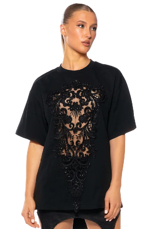 Off Shoulder Blouses for Sexy -CARA SHEER LACE DETAILED T SHIRT