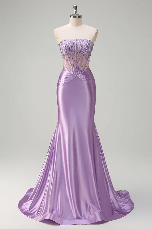 Mother's Day Dresses for Gift -Sparkly Lilac Mermaid Strapless Sheer Corset Long Prom Dress with Beading