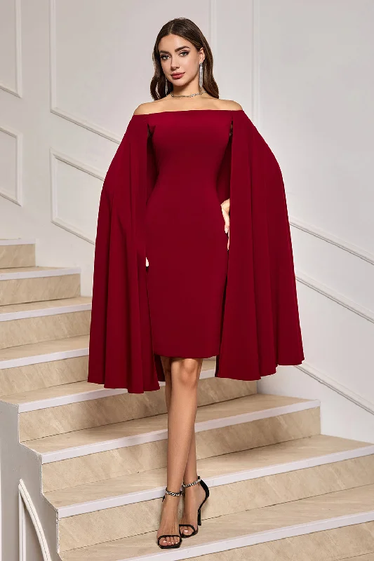 Patchwork Dresses for Bohemian -Burgundy Bodycon Off the Shoulder Midi Cocktail Dress With Cape Sleeves