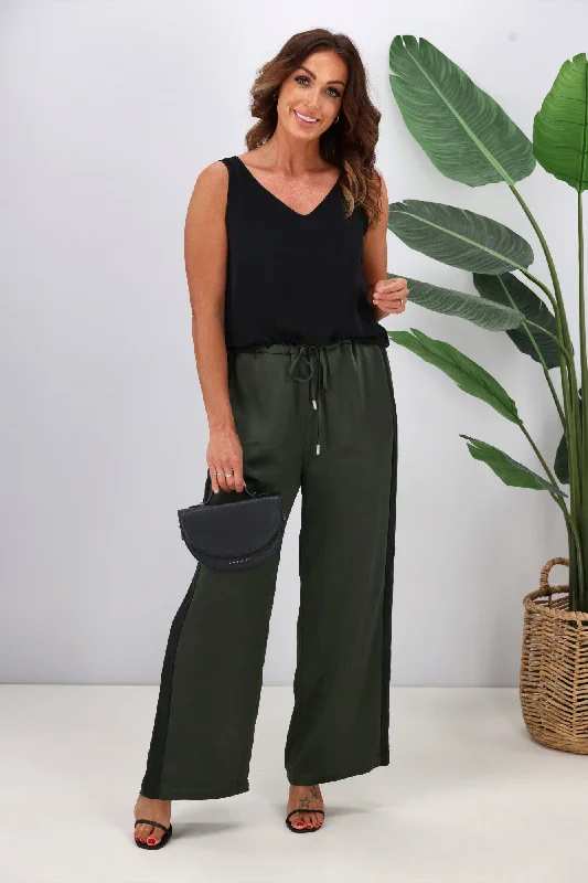 Color-block tight trousers for women with bold contrasts and modern flair -Jane James Nina Sateen Pant Forest Green