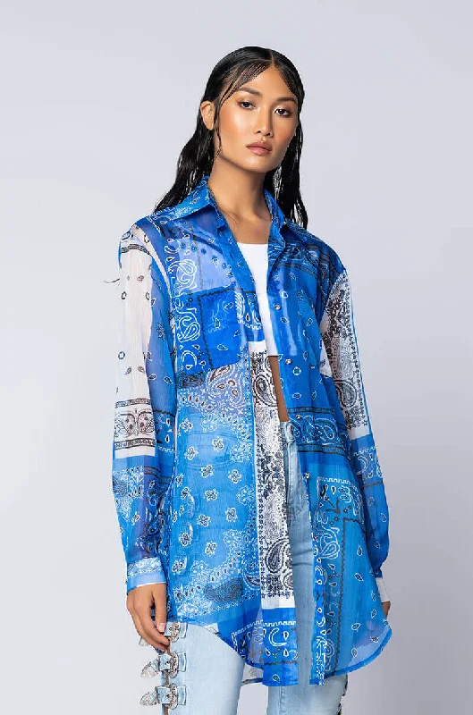 Satin Blouses for Luxurious -BANDANA POPSICLE LONG SHIRT BLUE MULTI