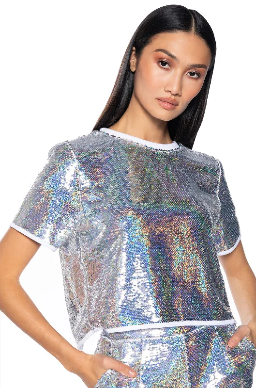 White Blouses for Pure Look -ALL UP IN MY MIND SEQUIN SHORT SLEEVE SHIRT