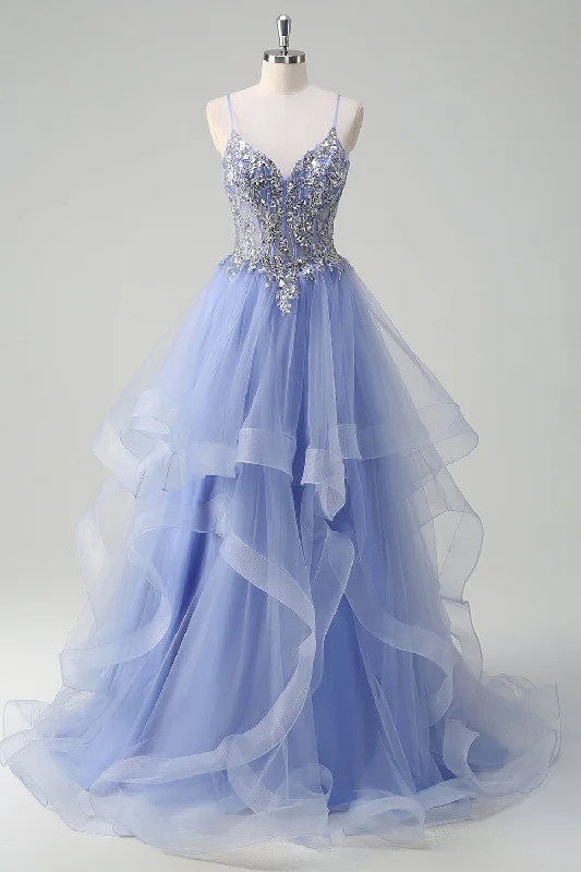 Wool Dresses for Warmth -Sparkly Sequins Light Blue A Line Spaghetti Straps Long Prom Dress with Spiral Ruffles