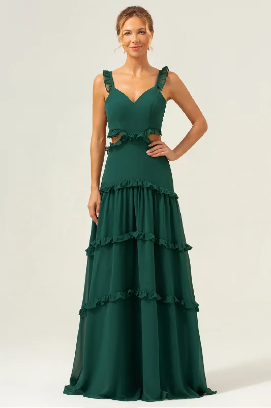 Linen Dresses for Breathable -Dark Green A-Line Chiffon Ruffled Long Bridesmaid Dress with Hollow Out