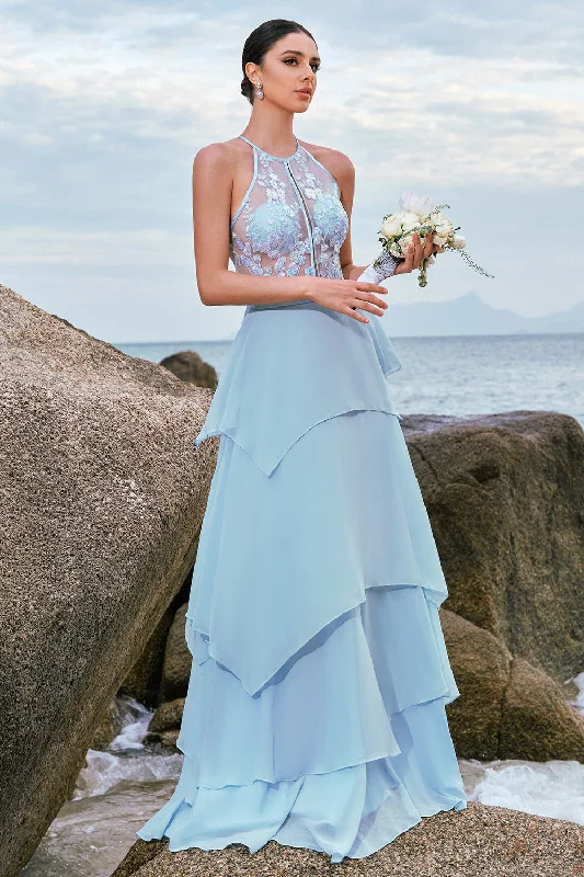 Work Dresses for Professional -Halter Blue Floral A Line Bridesmaid Dress with Lace Up Back