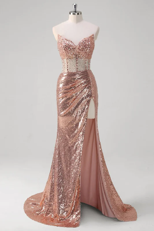 Christmas Dresses for Holiday -Sparkly Rose Golden Mermaid Corset Long Prom Dress With Sequins