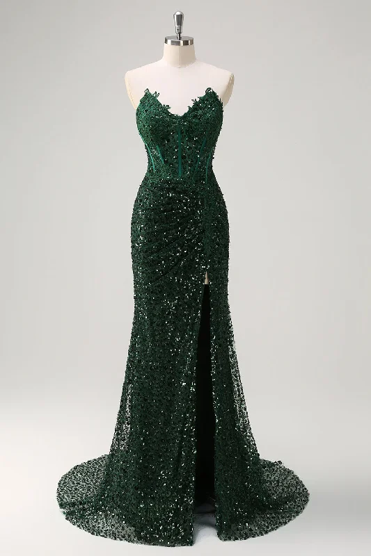 Elastic Dresses for Fit -Sparkly Mermaid Sweetheart Dark Green Corset Sequins Lace Prom Dress with Slit