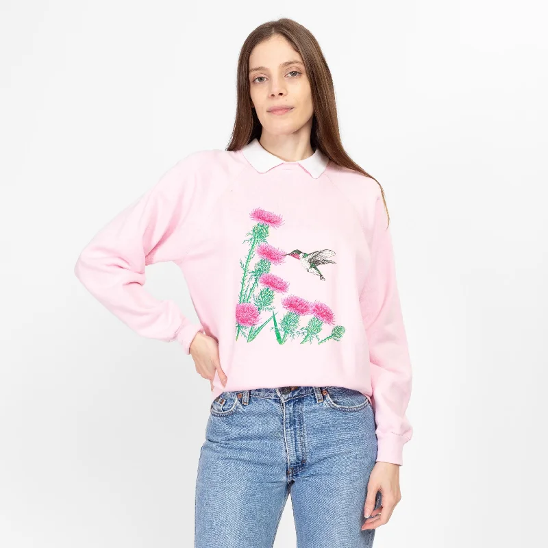 Printed Blouses with Patterns -Large 90s Hummingbird & Thistle Flower Collared Sweatshirt