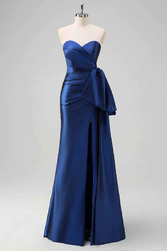 Cotton Dresses for Comfort -Dark Blue Strapless Pleated Long Prom Dress with Draped Bow Accent