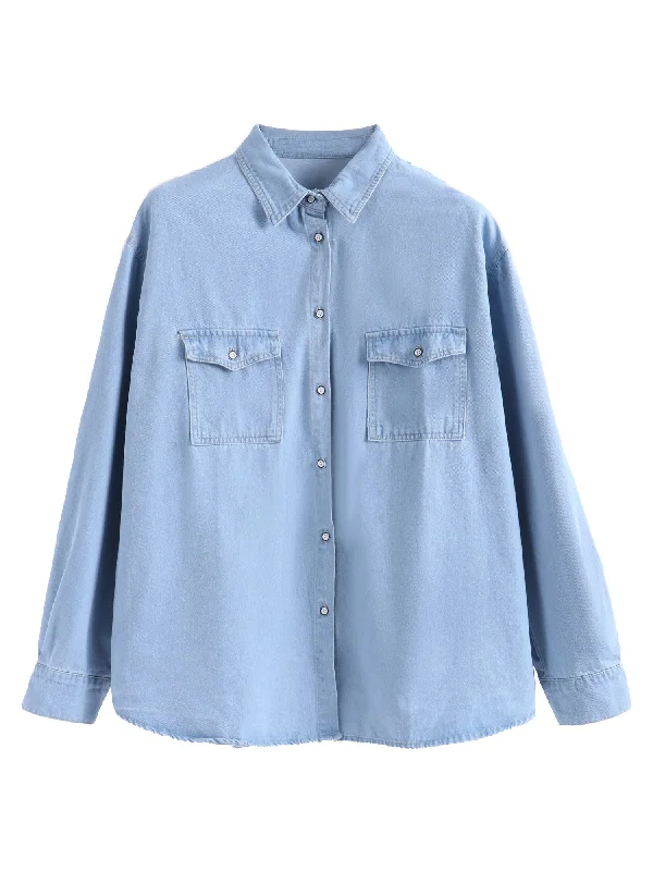 One Shoulder Blouses for Trendy -Midsize Western-Style Denim Shirt