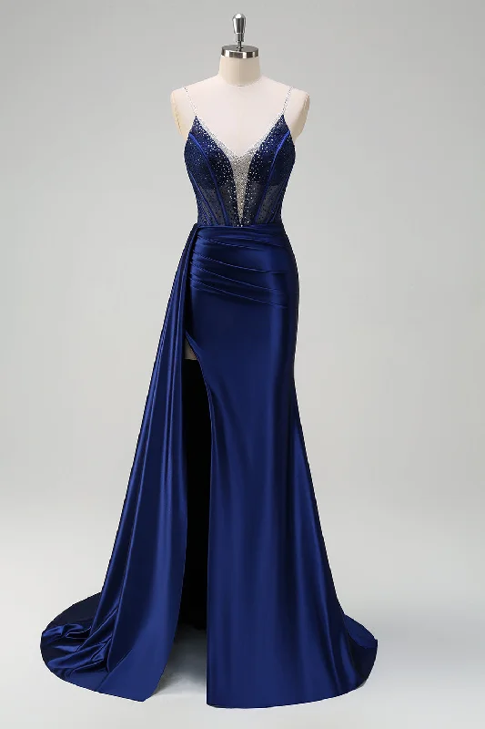 Tiered Dresses for Voluminous -Navy Mermaid V-Neck Watteau Train Corset Beaded Prom Dress with Slit