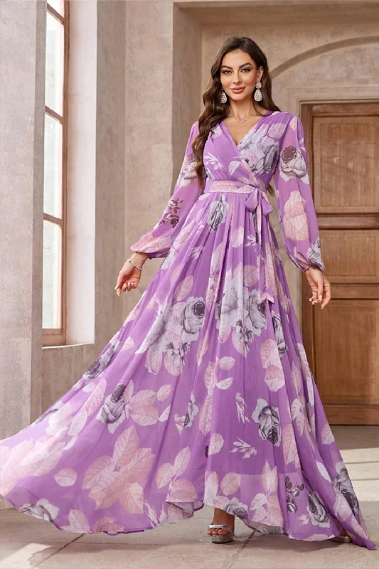 Red Dresses for Statement -Purple Floral Printed Chiffon A-Line V-neck Long Sleeves Long Formal Dress