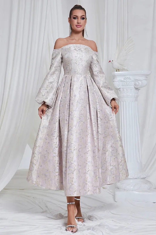 Anniversary Dresses for Special -Lilac Pleated Off the Shoulder A Line Long Prom Dress with Long Sleeves