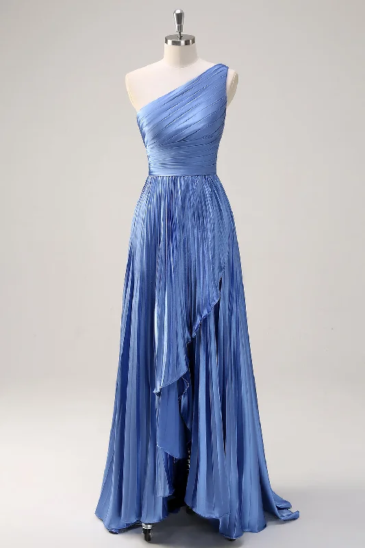 Fringed Dresses for Edgy -Blue A Line One Shoulder Pleated Long Bridesmaid Dress with Ruffle Slit