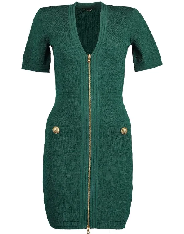 Shift Dresses for Simple Look -Green V-Neck Diamond Knit Zip Mini Dress