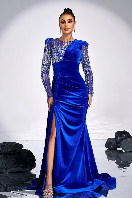 Pencil Dresses for Slimming -Royal Blue Beaded Mermaid Velvet Prom Dress