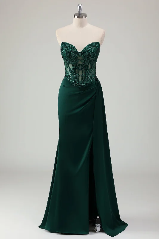 Zippered Dresses for Convenience -Sparkly Dark Green Mermaid Sweetheart Corset Long Prom Dress with Slit