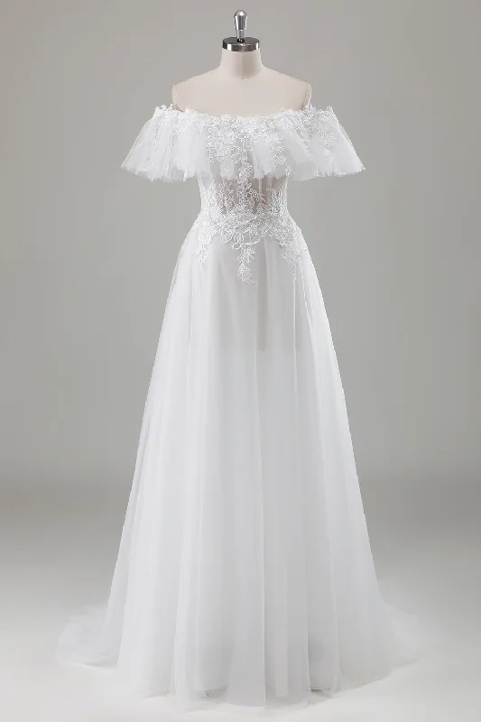 Ball Gown Dresses for Glamour -Ivory Off the Shoulder A-Line Wedding Dress with Appliqued Lace