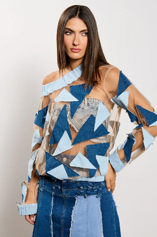 Pink Blouses for Feminine -I SPY DENIM PATCHWORK OVERSIZED SHIRT