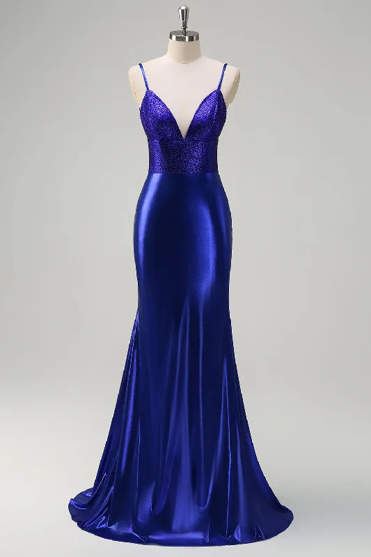 Faux Leather Dresses for Affordable -Royal Blue Mermaid V-Neck Beaded Satin Prom Dress With Open Back